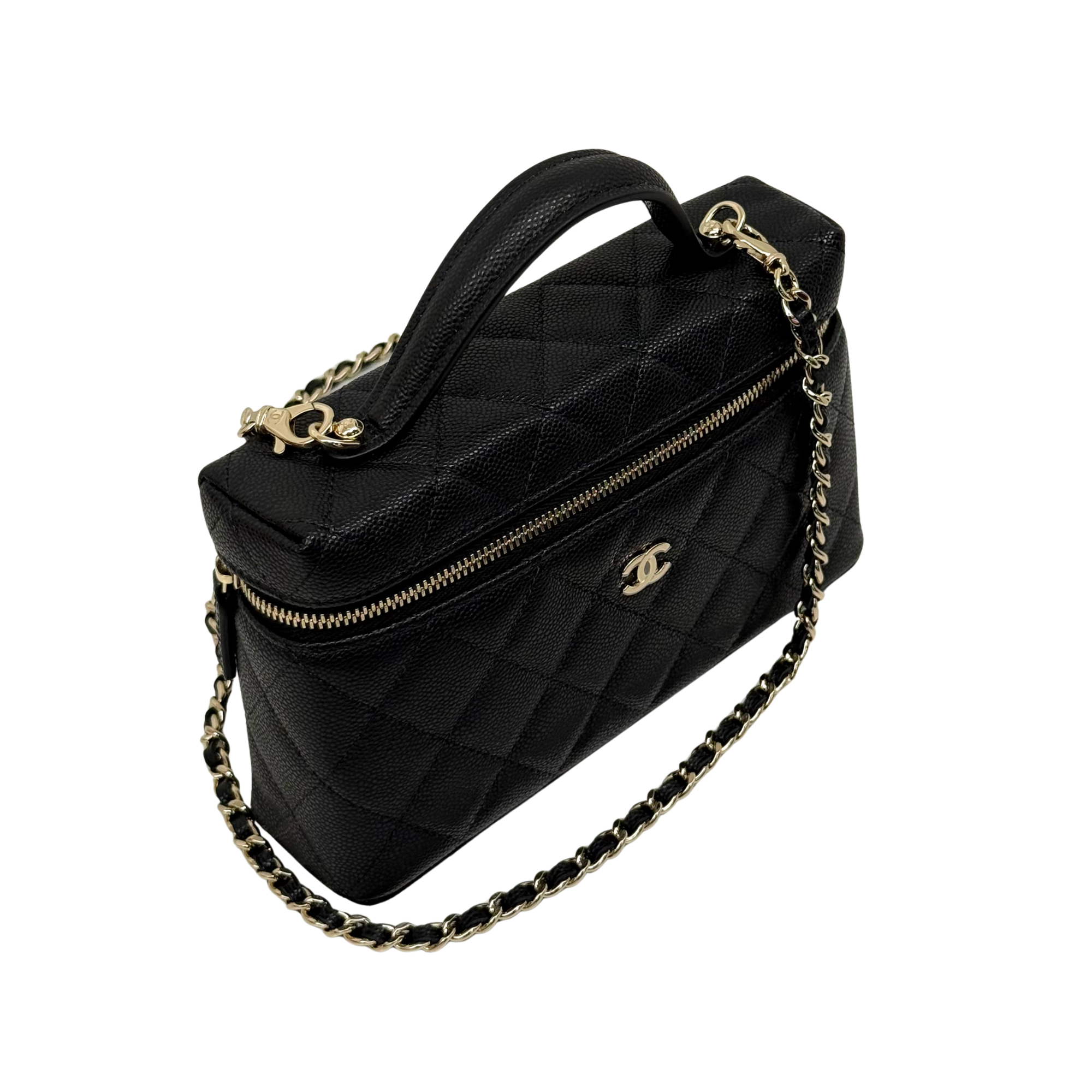 Black quilted Chanel crossbody bag with gold chain strap and top zip closure
