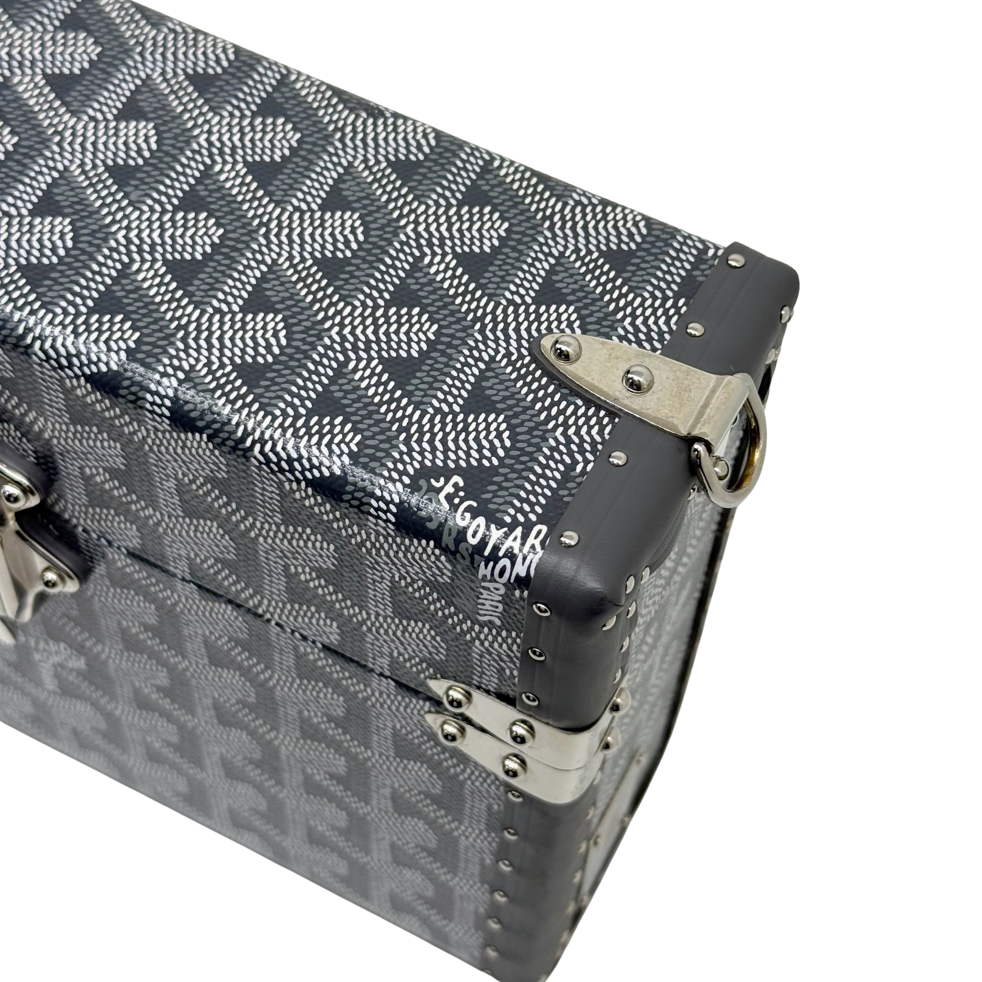 Goyard monogram trunk side with black corner trim and metal latch