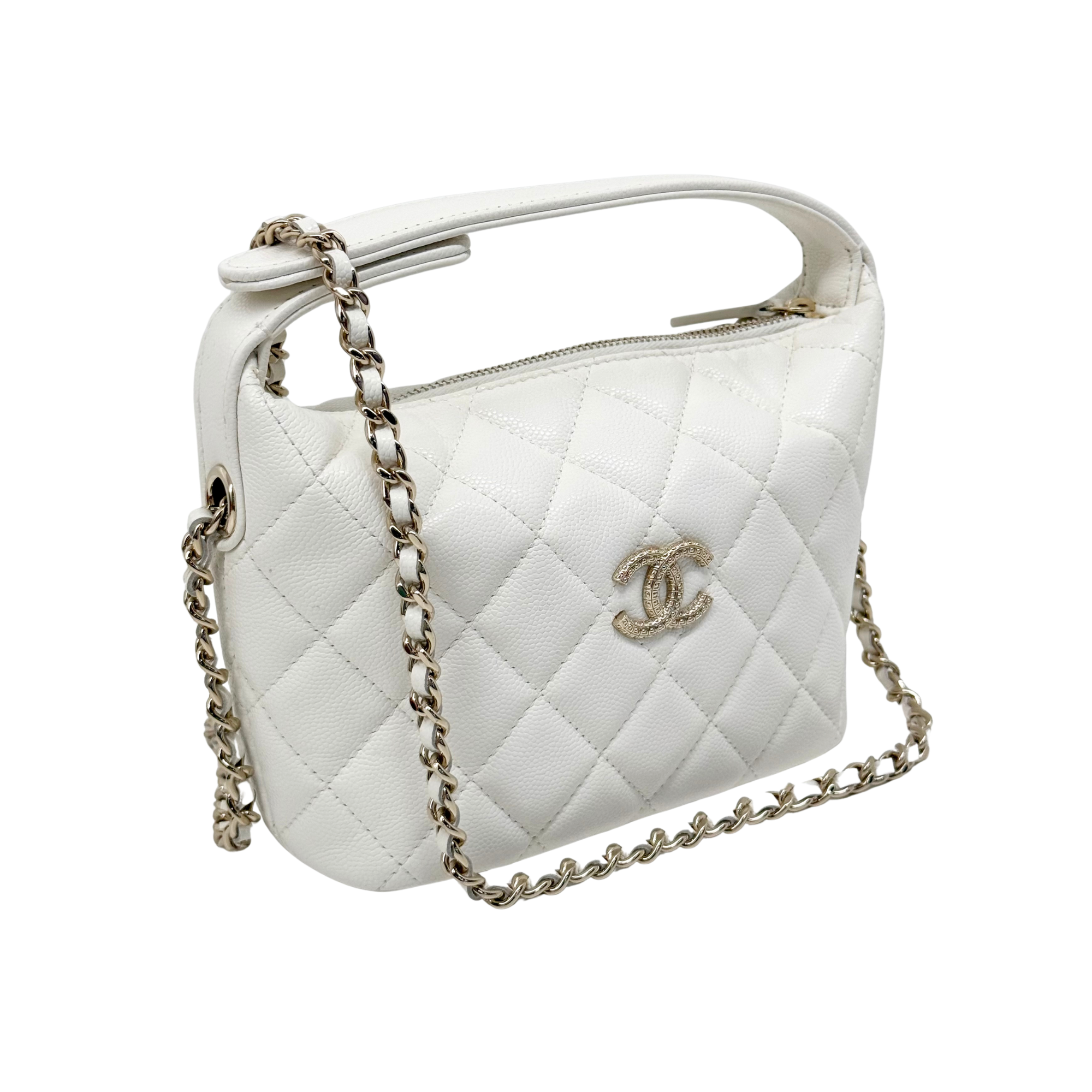 Chanel quilted white shoulder bag with gold-tone CC logo and chain strap