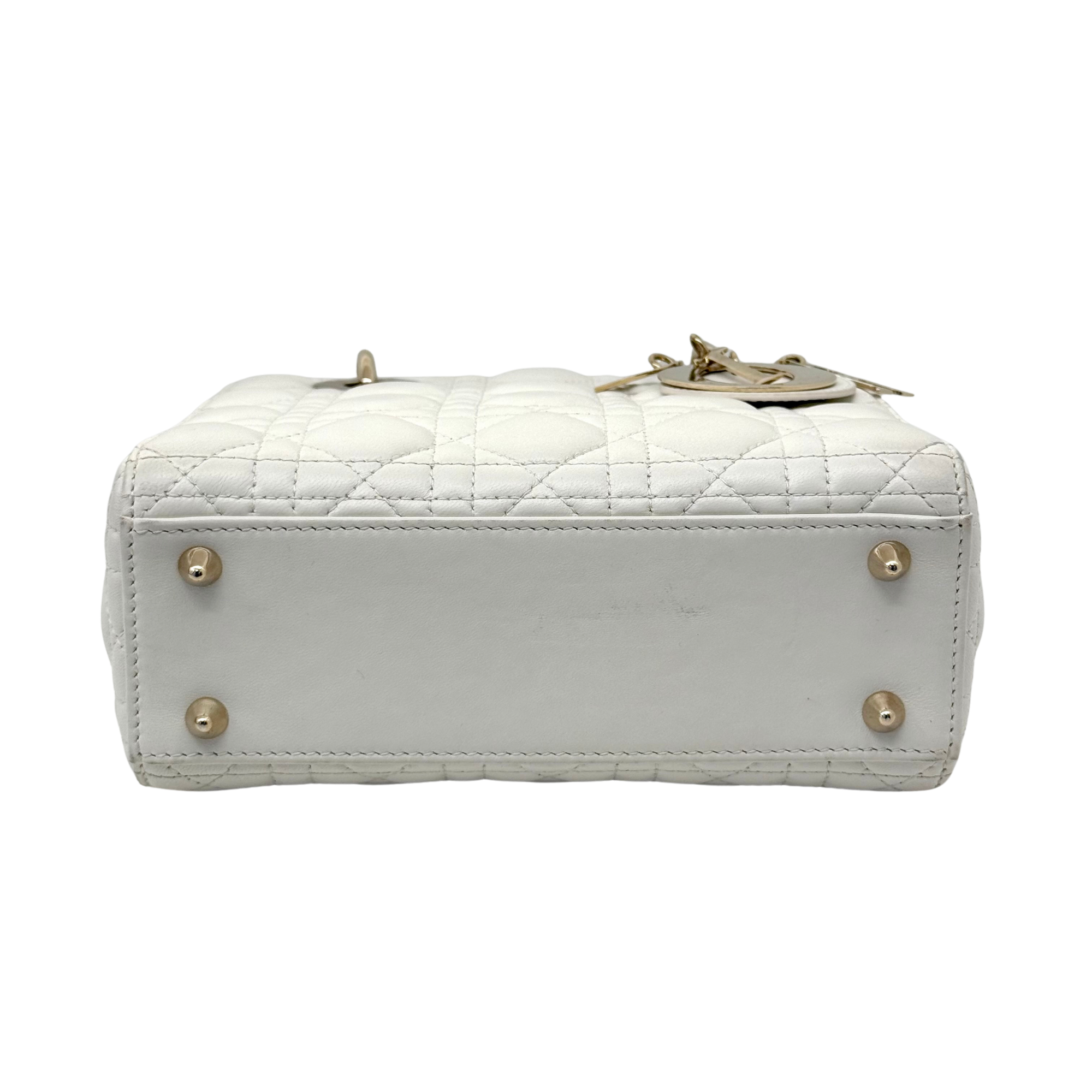 Dior Lady Dior Small White Cannage Lambskin Leather Top Handle Bag (pre-owned)