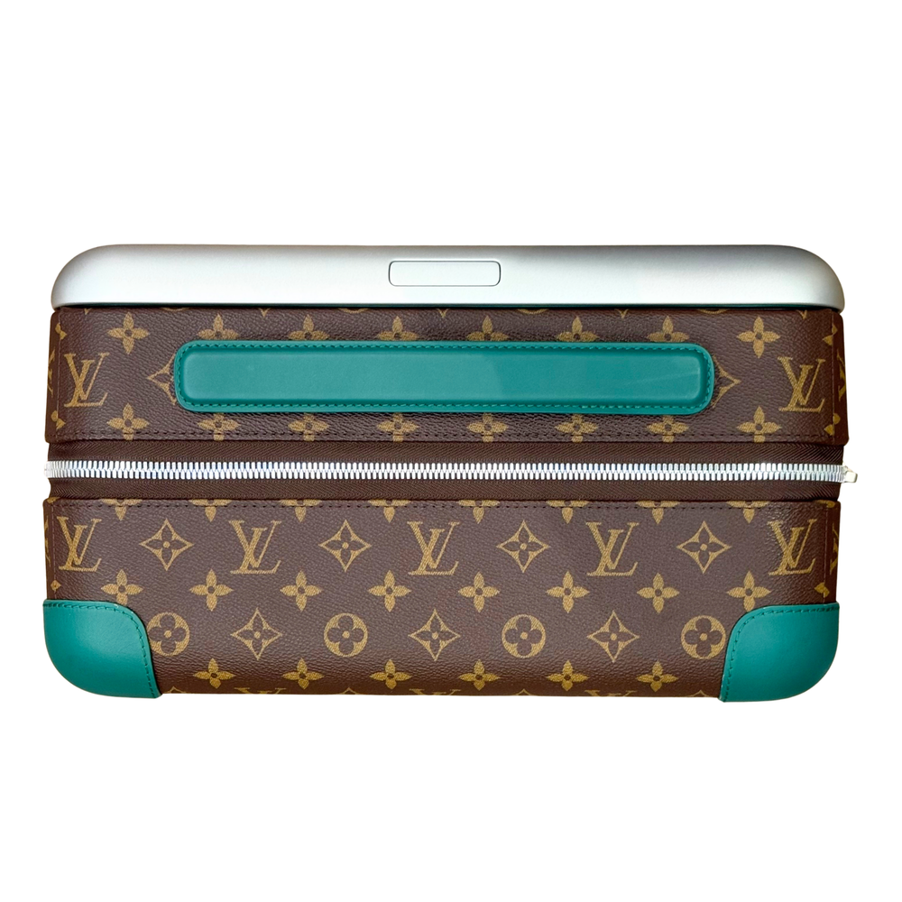 Pre-owned rolling suitcase front, brown monogram with teal trim and center strap