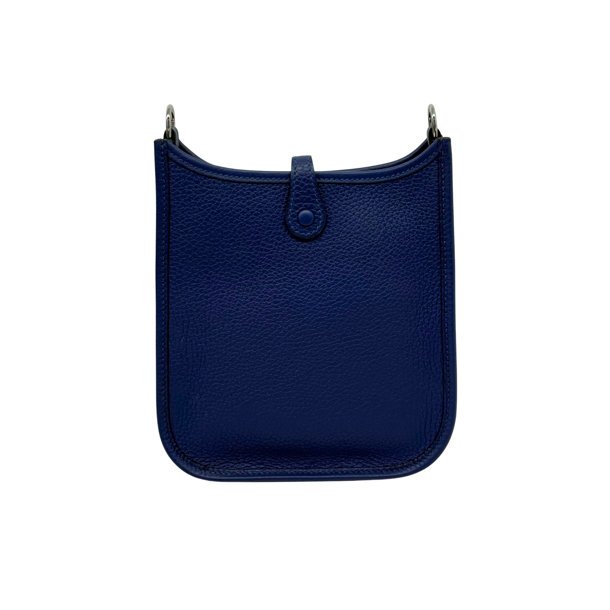 Navy blue leather Evelyne 16 crossbody bag with center tab and top carry rings