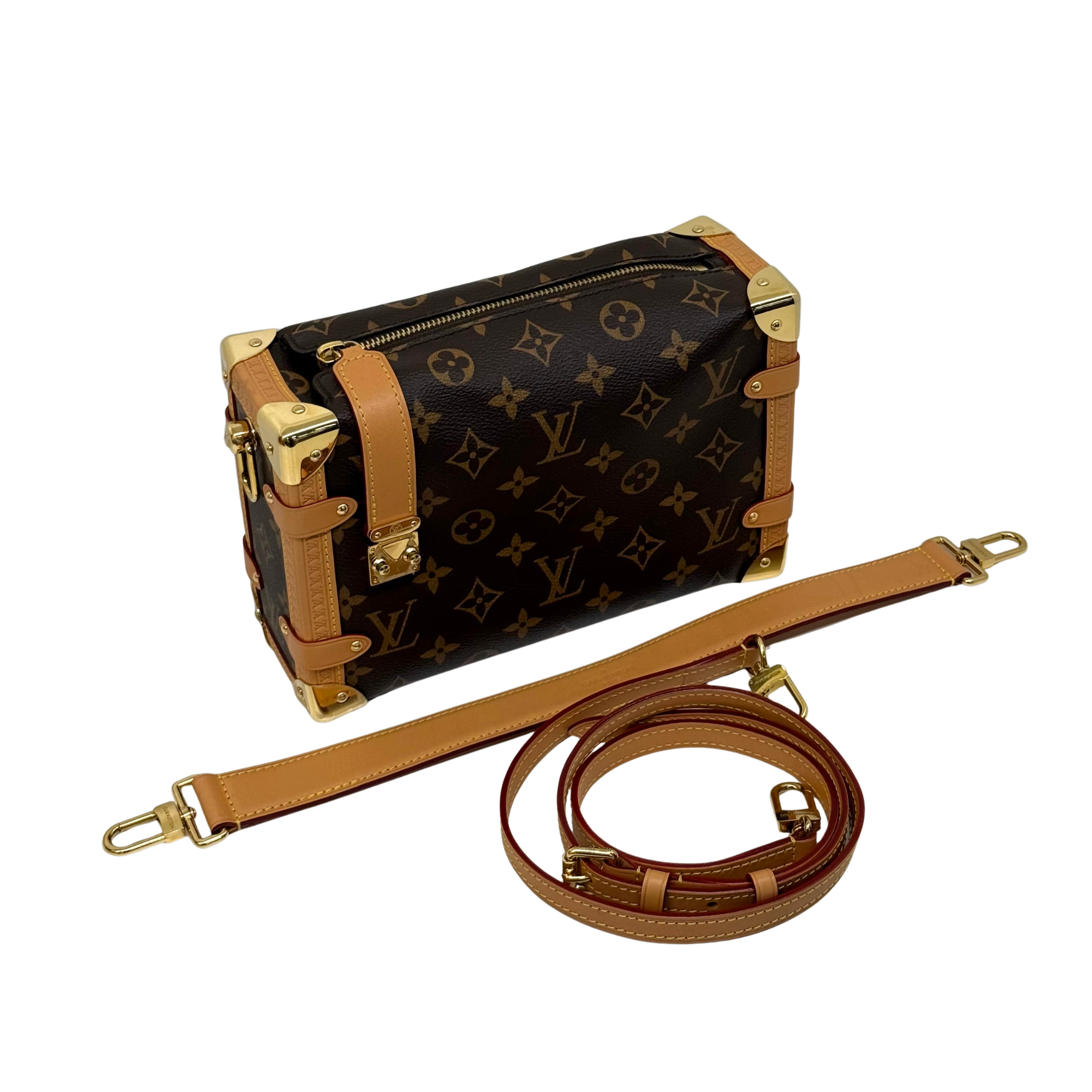 Monogram crossbody bag with top zipper and detachable long shoulder strap, tan leather