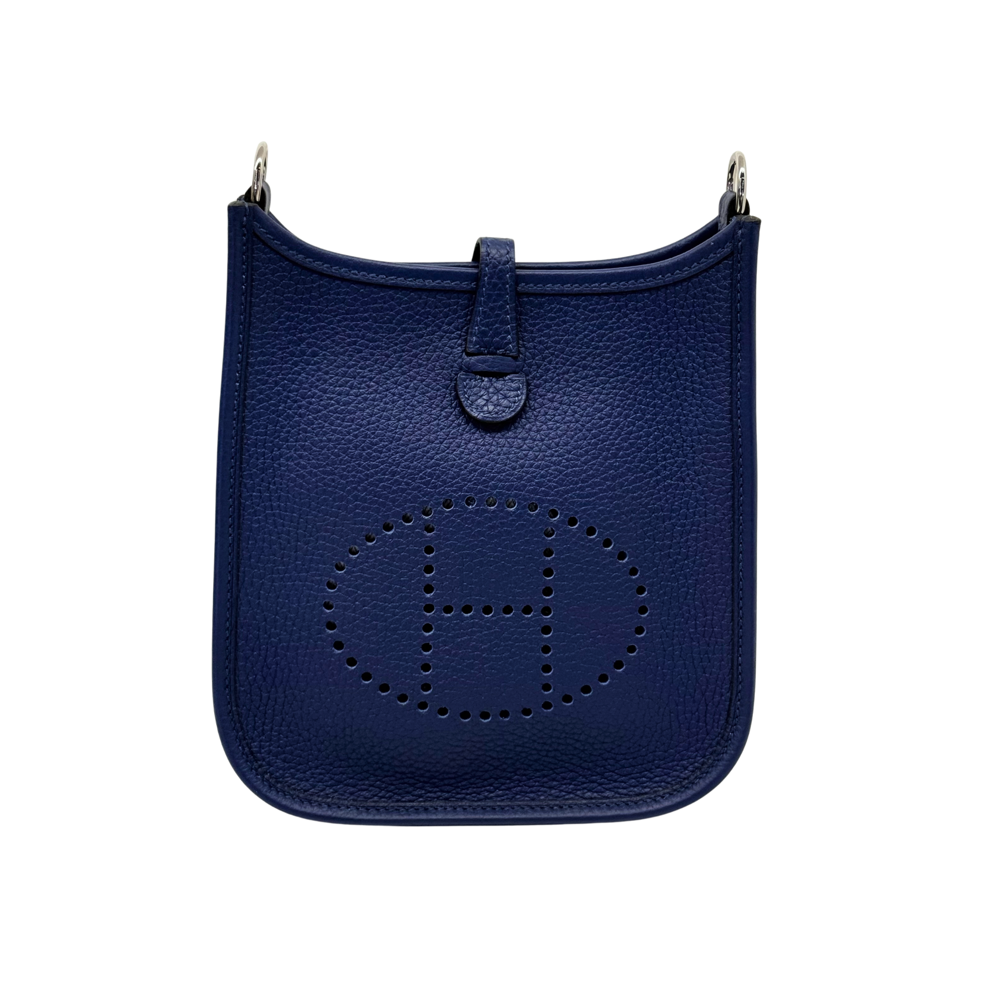 Navy blue leather Evelyne 16 crossbody bag with perforated Hermes logo front