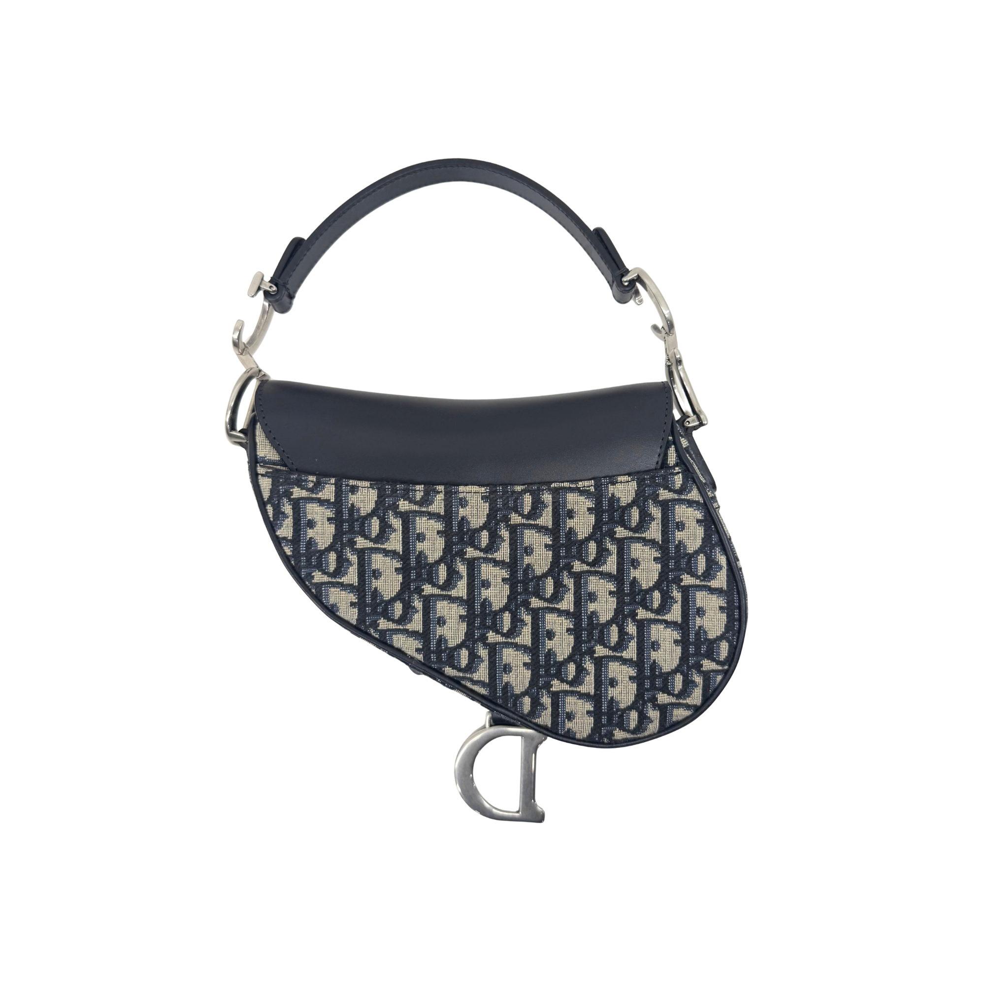 Pre-owned Dior mini saddle bag with short strap, navy monogram canvas and black top flap