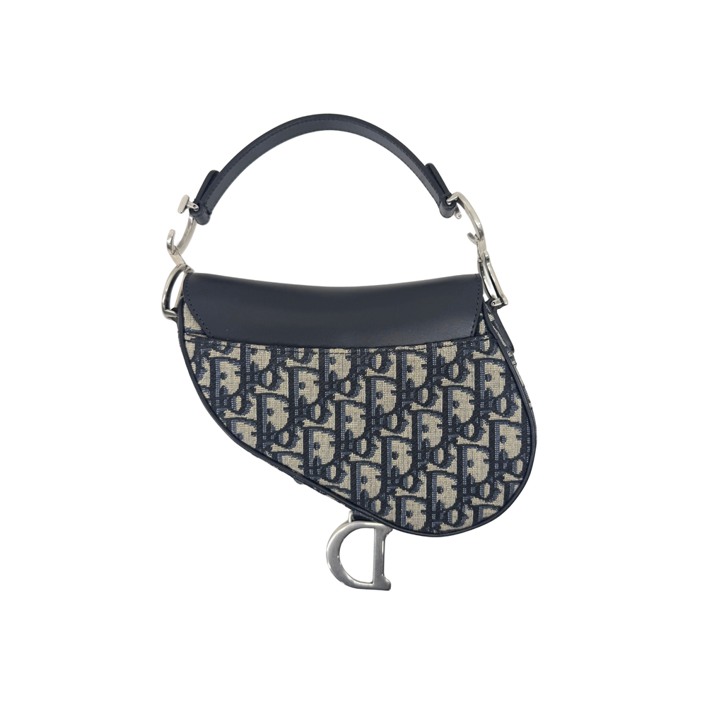 Pre-owned Dior mini saddle bag with short strap, navy monogram canvas and black top flap