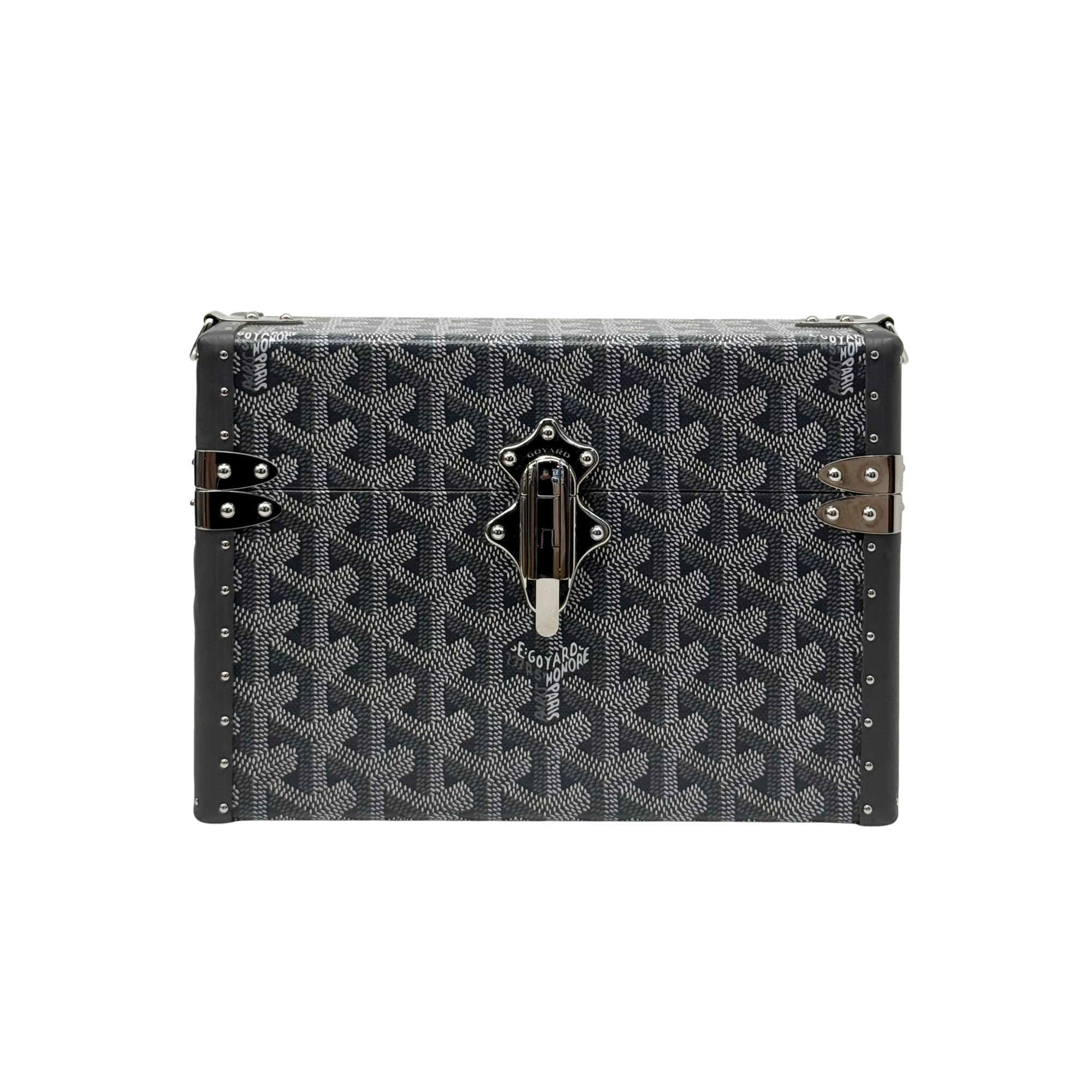 Goyard monogram trunk with central latch and studded black leather trim